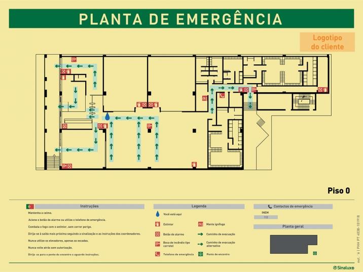 Planta de emergência horizontal de piso, com legendas e instruções gerais de segurança (horizontais) em português