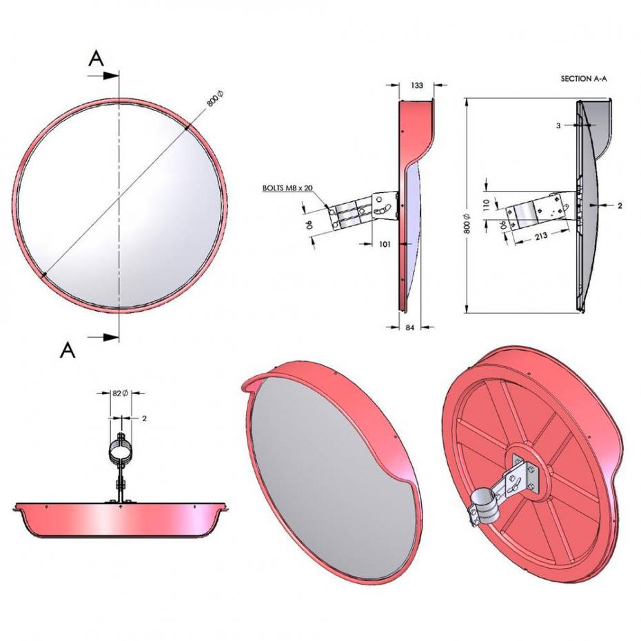 Espelho parabólico Convexo acrílico c/ acess. fixação Diam. 45cm