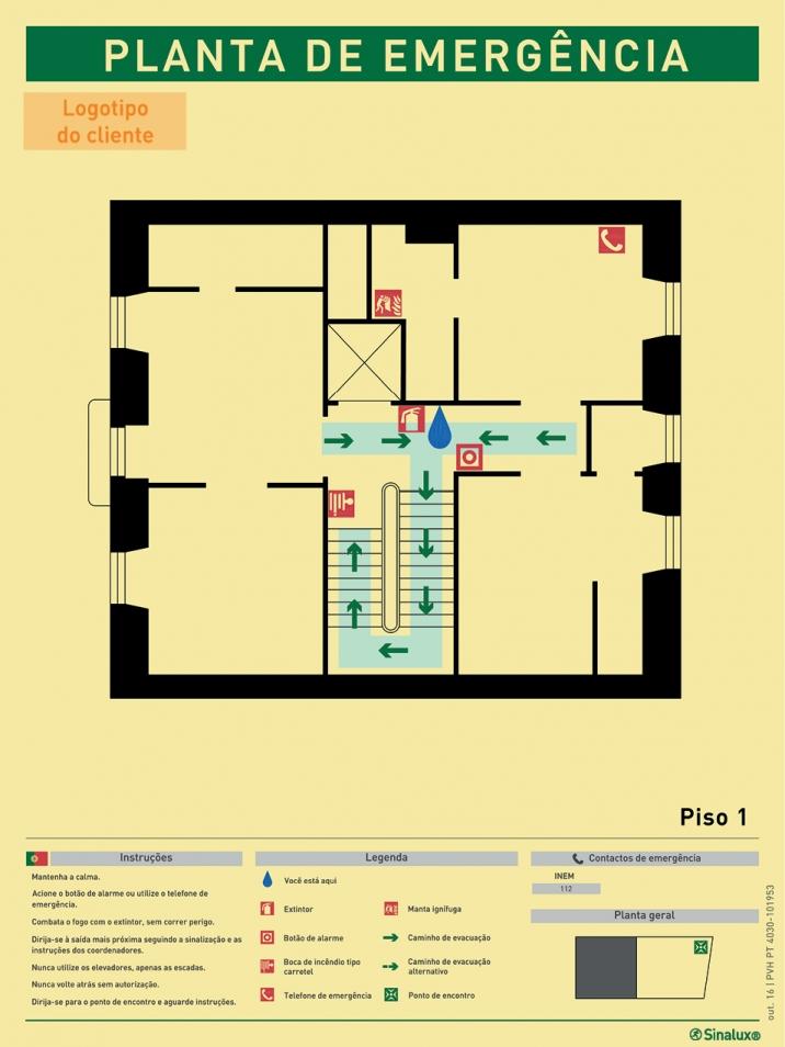 Planta de emergência vertical de piso, com legendas e instruções gerais de segurança (horizontais) em português