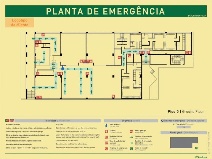 Planta de emergência horizontal de piso, com legendas e instruções gerais de segurança (horizontais) em português e inglês