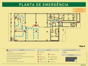 Planta de emergência horizontal de piso, com legendas e instruções gerais de segurança (horizontais) em português